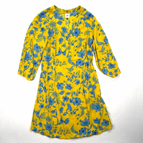 Cabi Women's Lemon Drop Yellow Blue Midi Floral Long Sleeve Dress Size Small - Picture 2 of 6